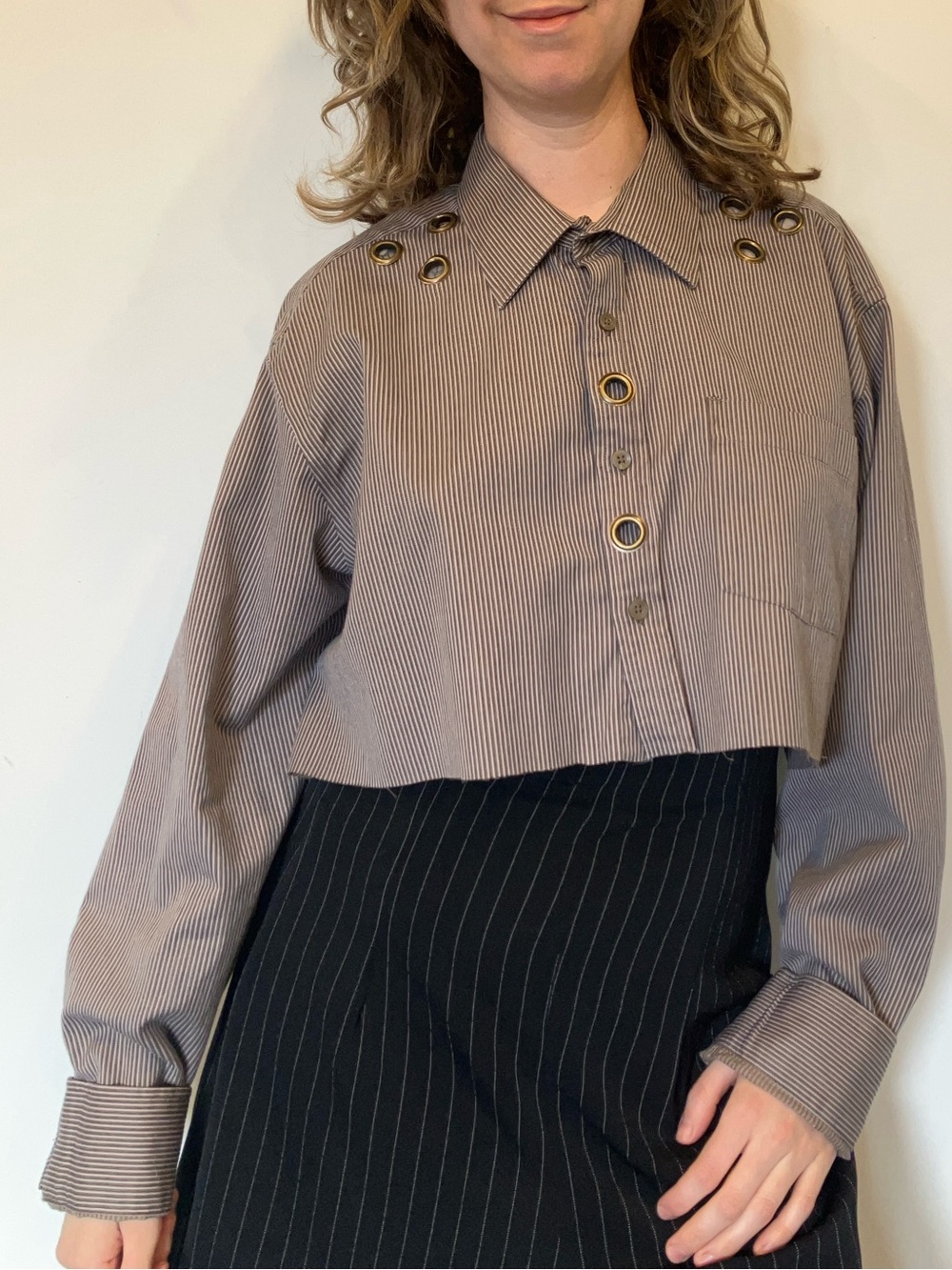 Reworked brown striped Button-Down crop top Shirt with grommets